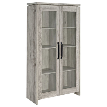 Modern 2-Door Tall Cabinet, Grey Driftwood, Glass Doors, Storage