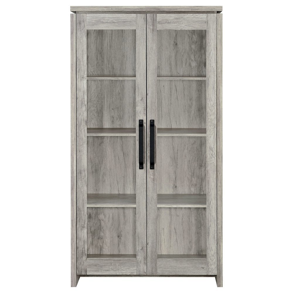 Modern 2-Door Tall Cabinet, Grey Driftwood, Glass Doors, Storage