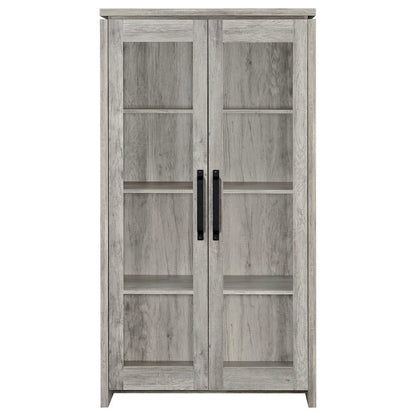 Modern 2-Door Tall Cabinet, Grey Driftwood, Glass Doors, Storage
