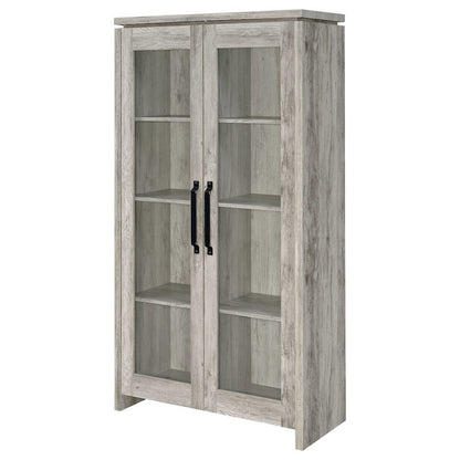 Modern 2-Door Tall Cabinet, Grey Driftwood, Glass Doors, Storage