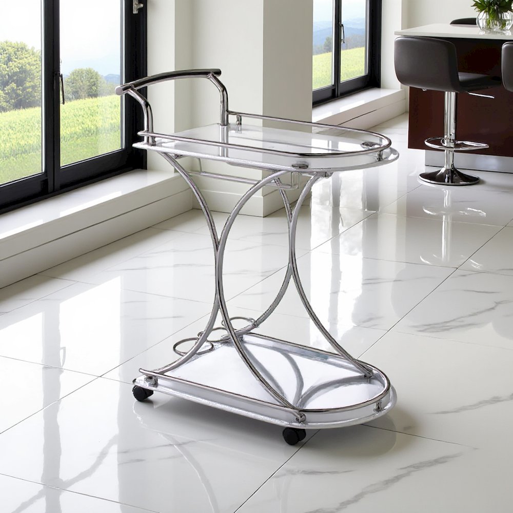 Modern 2-Shelf Bar Cart with Chrome Frame and White Glass for Home