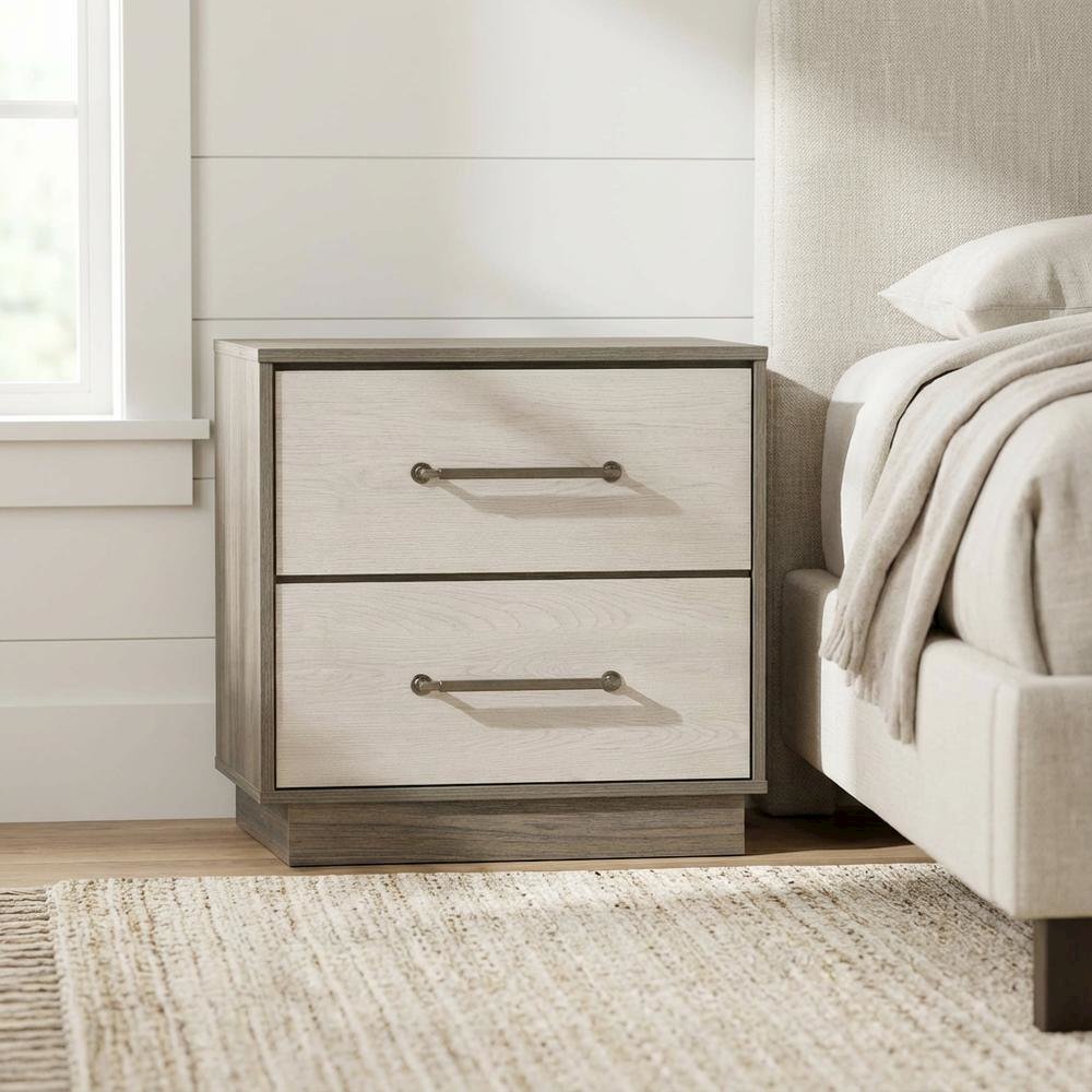Grey Nightstand with Modern Design and Antique Nickel Finish