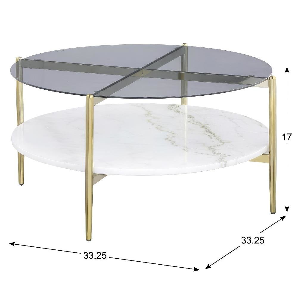 Round Coffee Table Grey with Marble Shelf and Gold Frame Contemporary Design