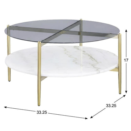 Round Coffee Table Grey with Marble Shelf and Gold Frame Contemporary Design
