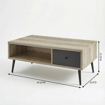 Antique Pine Coffee Table with 1 Drawer Rectangular Grey Finish Mid-Century