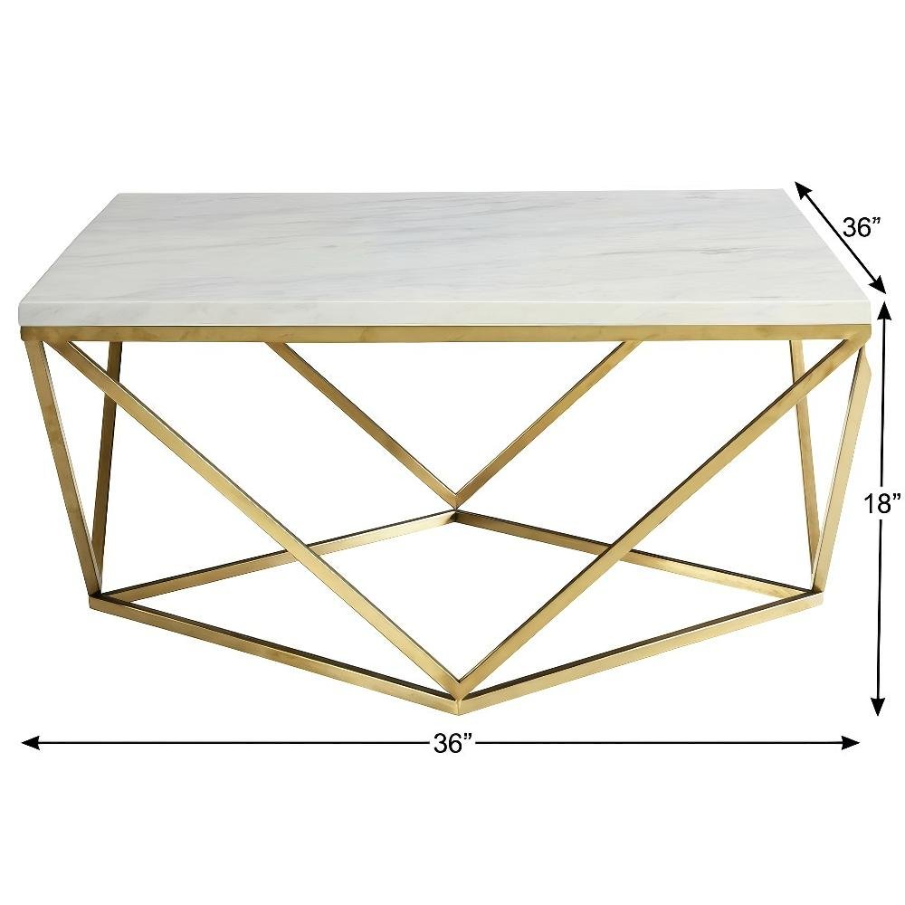 Square White Faux Marble Coffee Table with Gold Legs and Contemporary Design