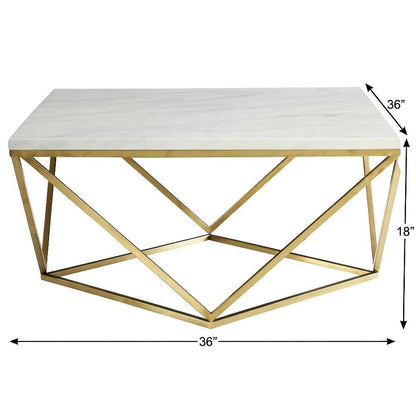 Square White Faux Marble Coffee Table with Gold Legs and Contemporary Design
