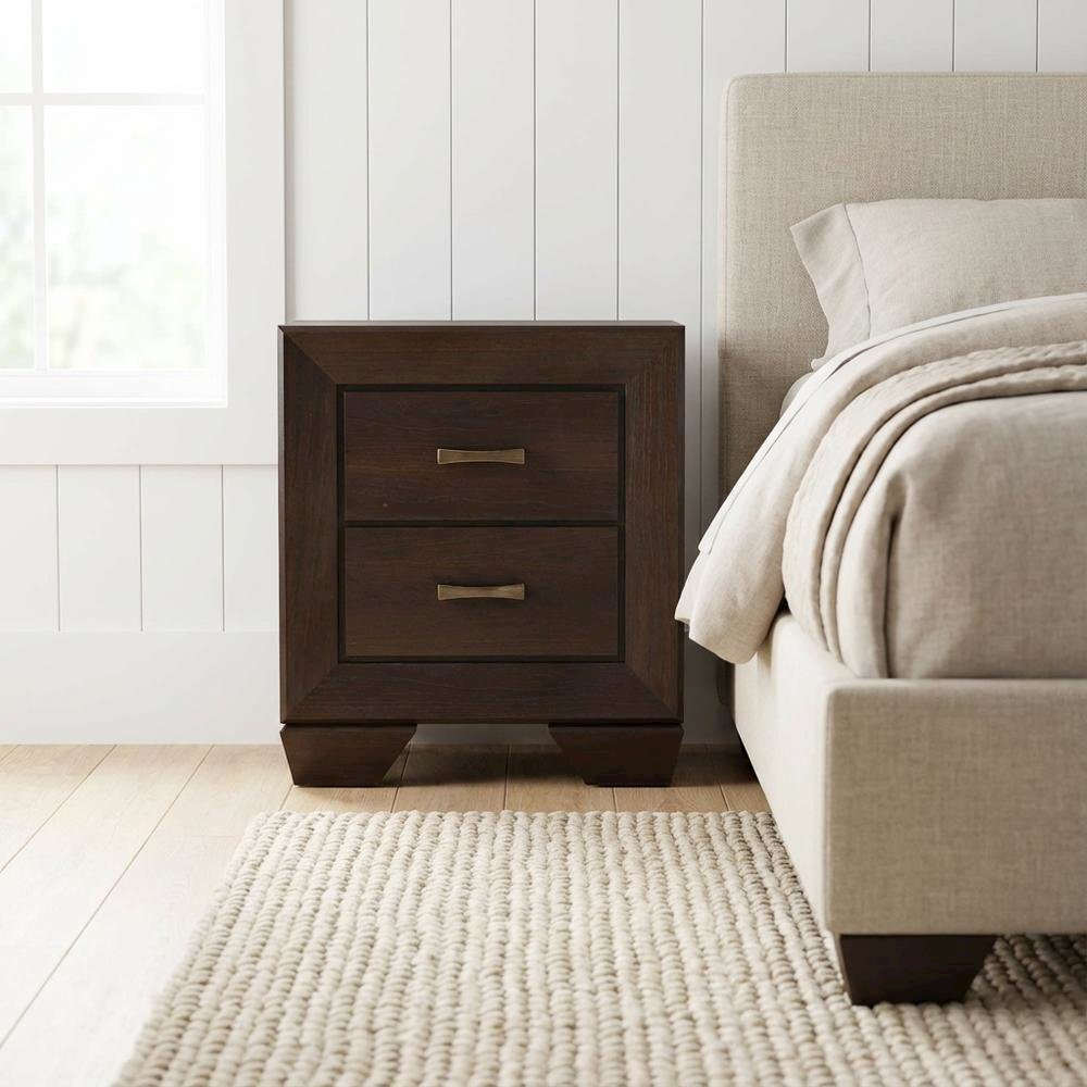 Dark Cocoa 2-Drawer Nightstand with Antique Brass Finish for Bedroom