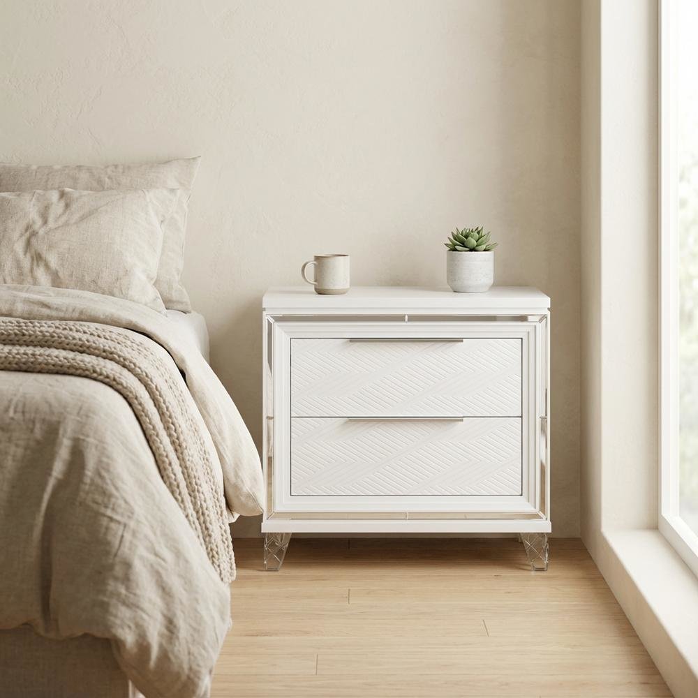 White 2-Drawer Nightstand with Chrome Finish and Clear Acrylic Legs