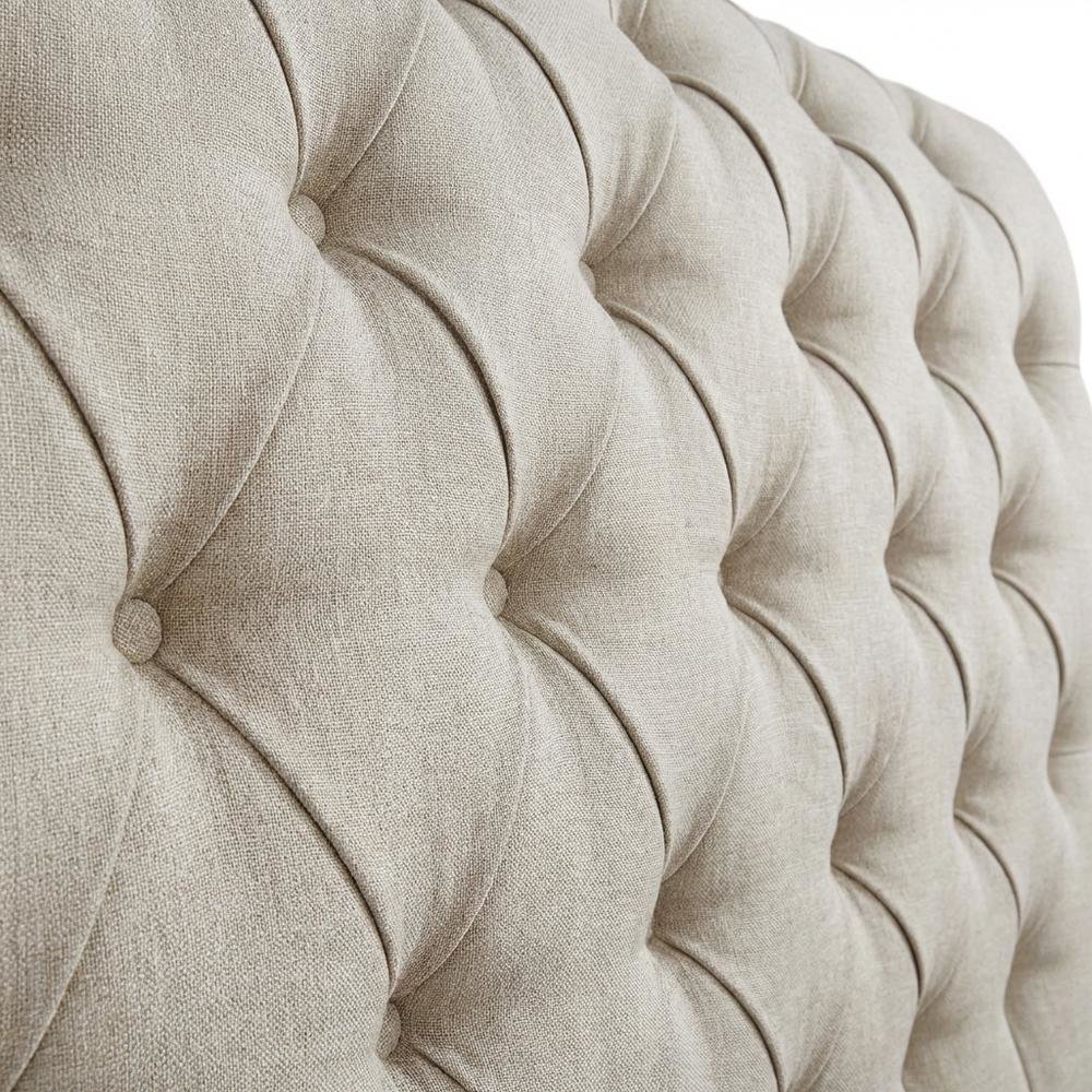 Beige Upholstered Eastern King Headboard, Dark Brown Wood Legs, Classic Design