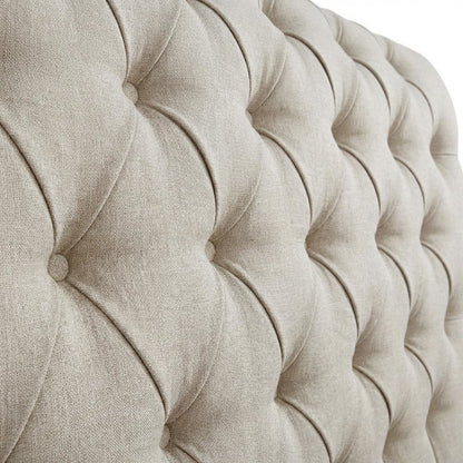 Beige Upholstered Eastern King Headboard, Dark Brown Wood Legs, Classic Design