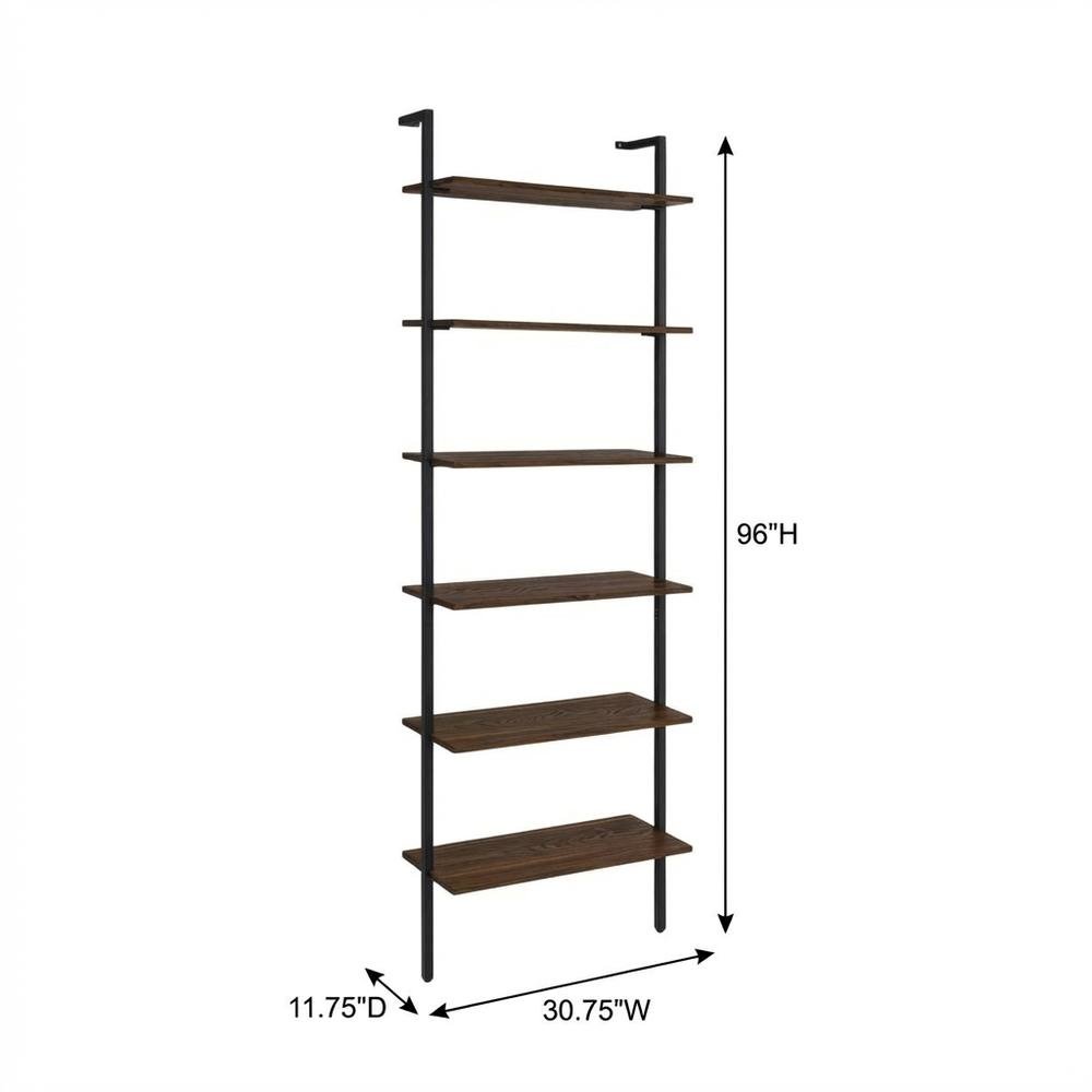 Walnut Wall Bookshelf with Six Shelves and Transitional Style