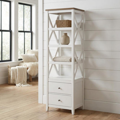 Brown Wood Media Tower With 4 Shelves And Drawers For Stylish Storage