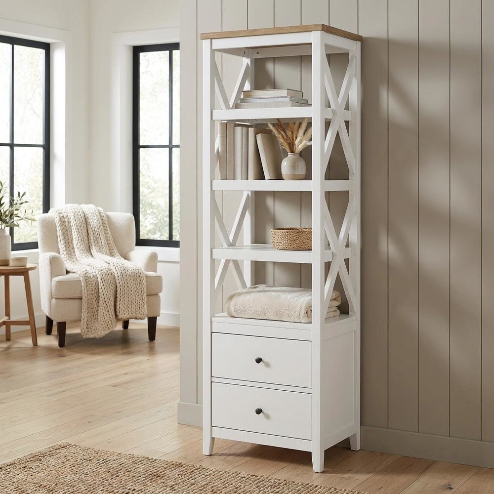 Brown Wood Media Tower With 4 Shelves And Drawers For Stylish Storage