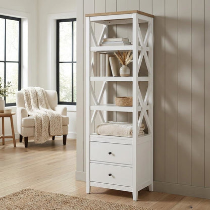 Brown Wood Media Tower With 4 Shelves And Drawers For Stylish Storage