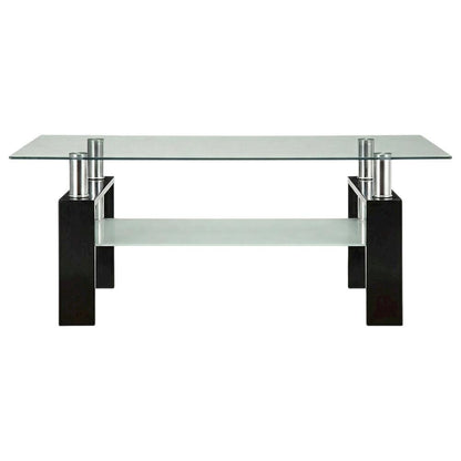 Rectangular Black Glass Top Coffee Table with 1 Shelf for Living Room