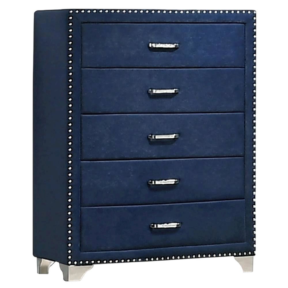 Pacific Blue 5-Drawer Bedroom Chest, Upholstered, Chrome Legs, 35 Inch