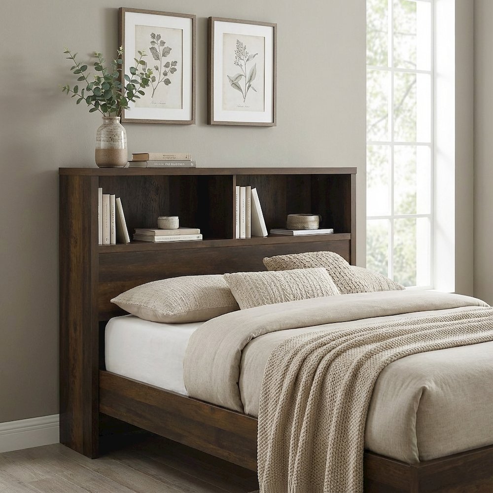 Dark Pine Full Headboard with Bookcase Storage and Adjustable Levelers