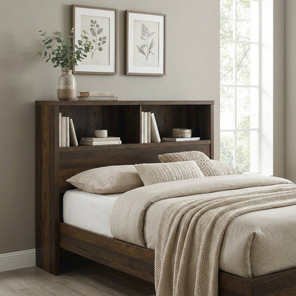 Dark Pine Full Headboard with Bookcase Storage and Adjustable Levelers