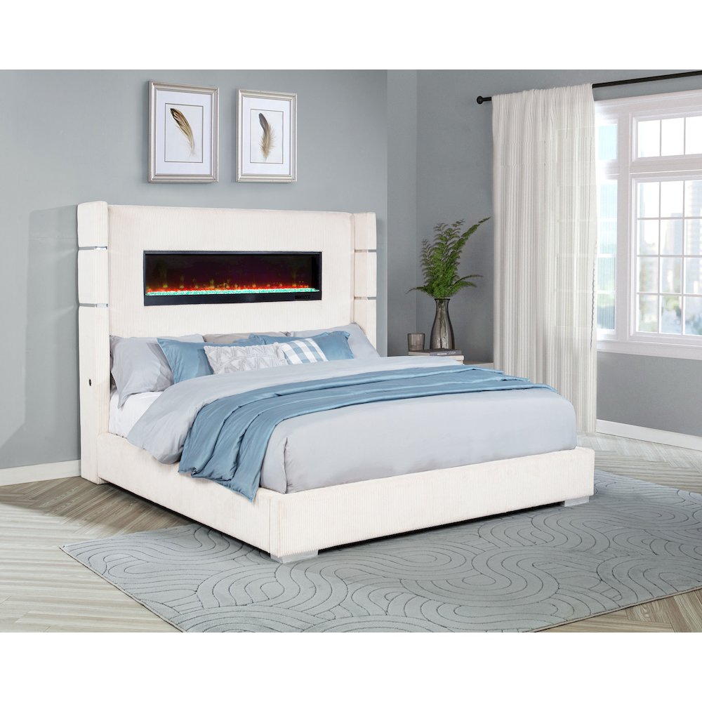 Tisdall Upholstered Eastern King Flame Visualizer Bed Cream