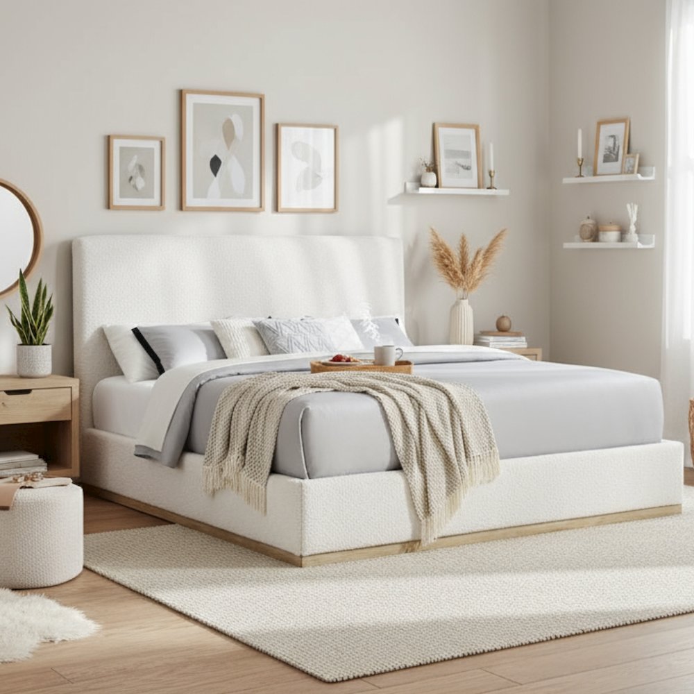 Beige King Size Upholstered Bed Frame, Elegant Upholstered Bed Frame King
