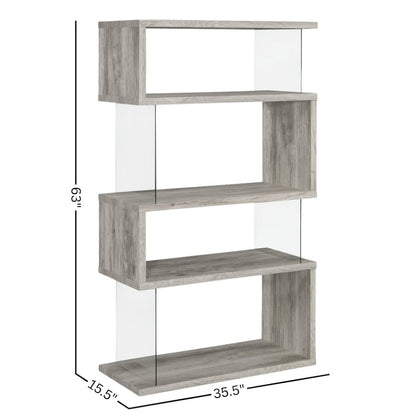 Gray Modern Geometric 4 Tier Bookshelf with Glass Panel Shelves