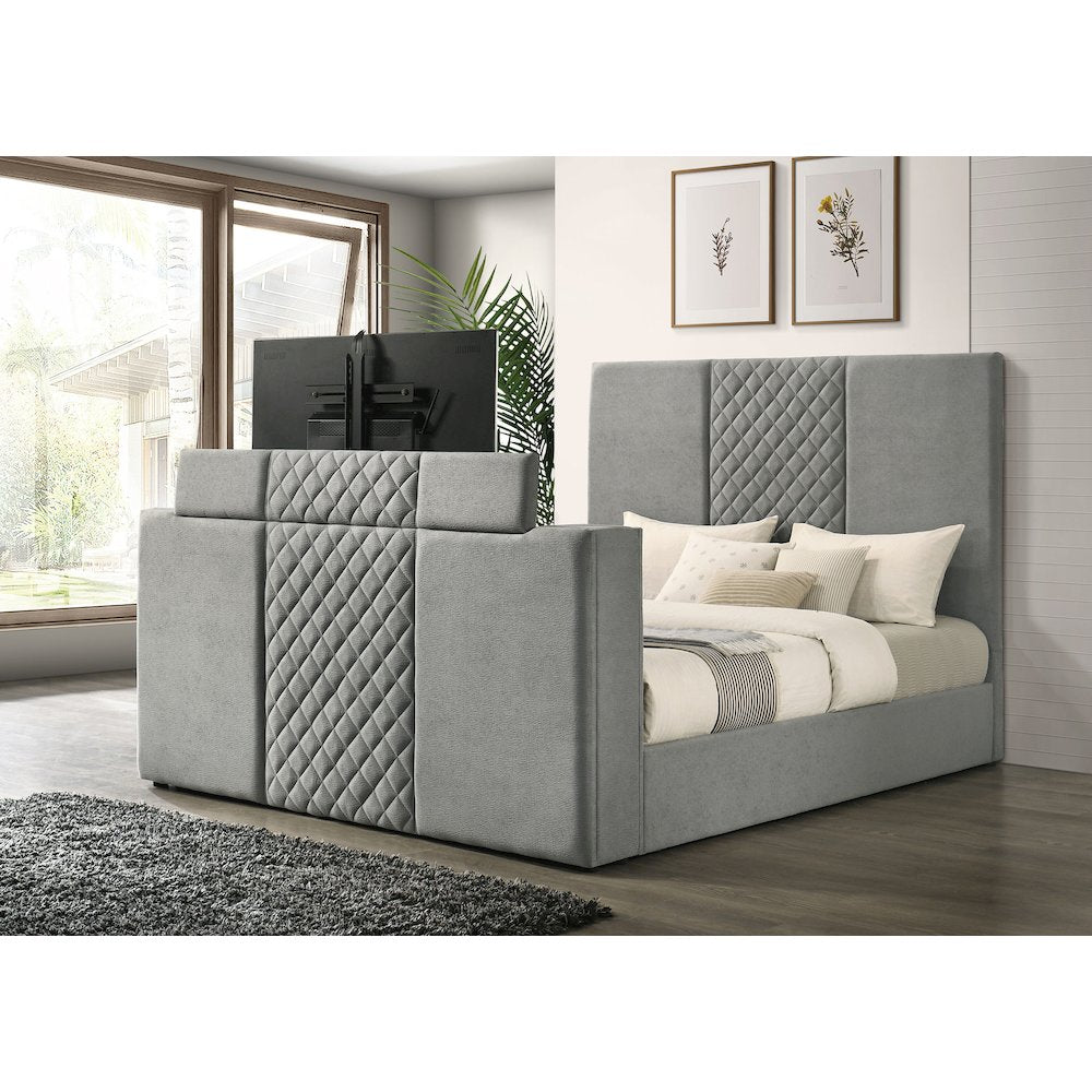 Tara 61-inch Upholstered Eastern King Panel TV Bed Grey