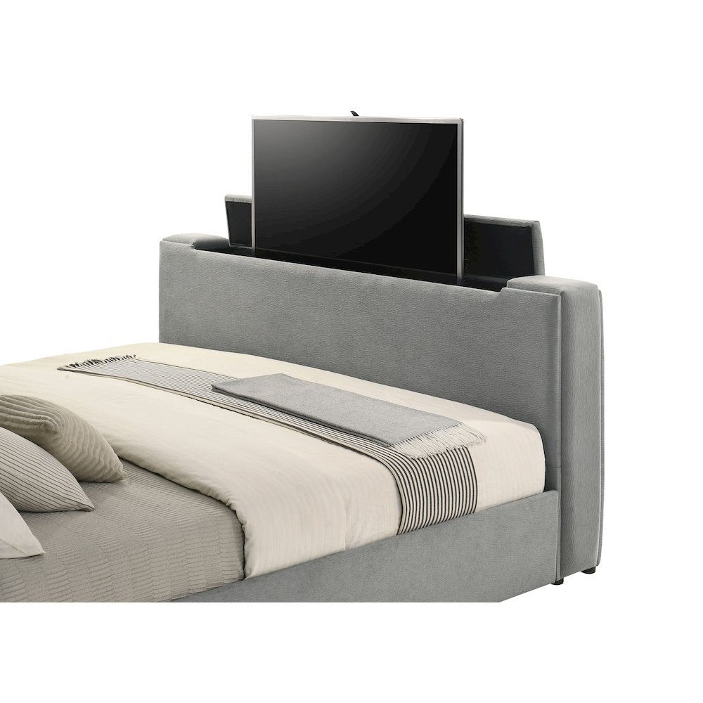 Tara 61-inch Upholstered Eastern King Panel TV Bed Grey