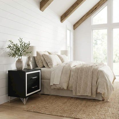Black Nightstand with Modern Design and Silver Accents for Bedroom Use