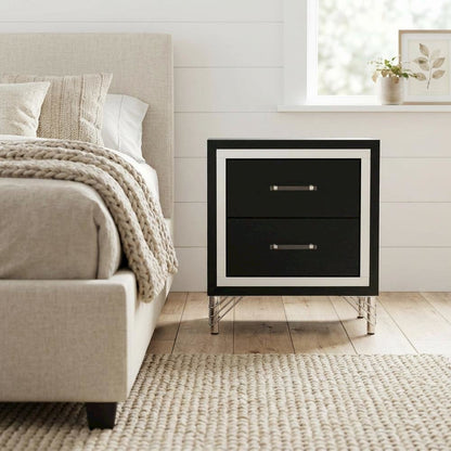 Black Nightstand with Modern Design and Silver Accents for Bedroom Use