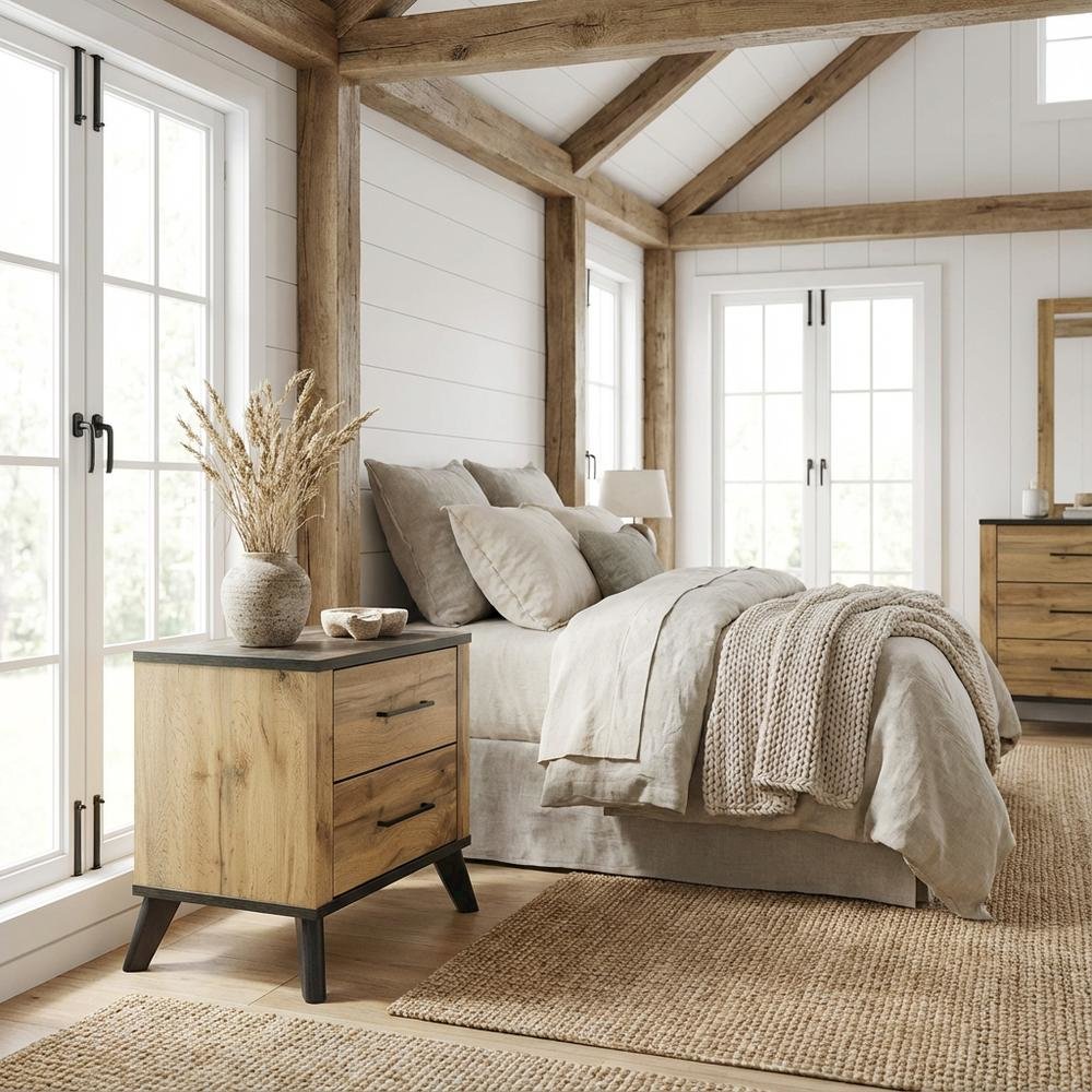 Natural Pine Nightstand with 2 Drawers and Mid-Century Modern Design
