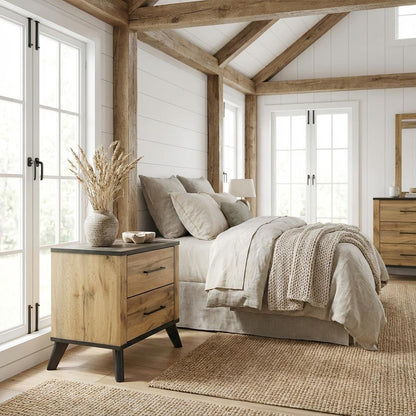 Natural Pine Nightstand with 2 Drawers and Mid-Century Modern Design