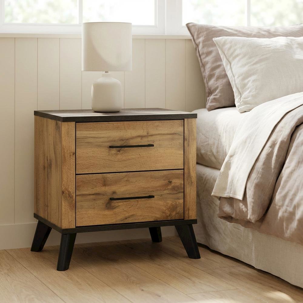 Natural Pine Nightstand with 2 Drawers and Mid-Century Modern Design