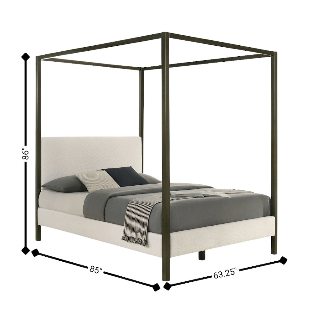 Queen Size Canopy Bed Frame with Upholstered Panels in Vanilla Finish