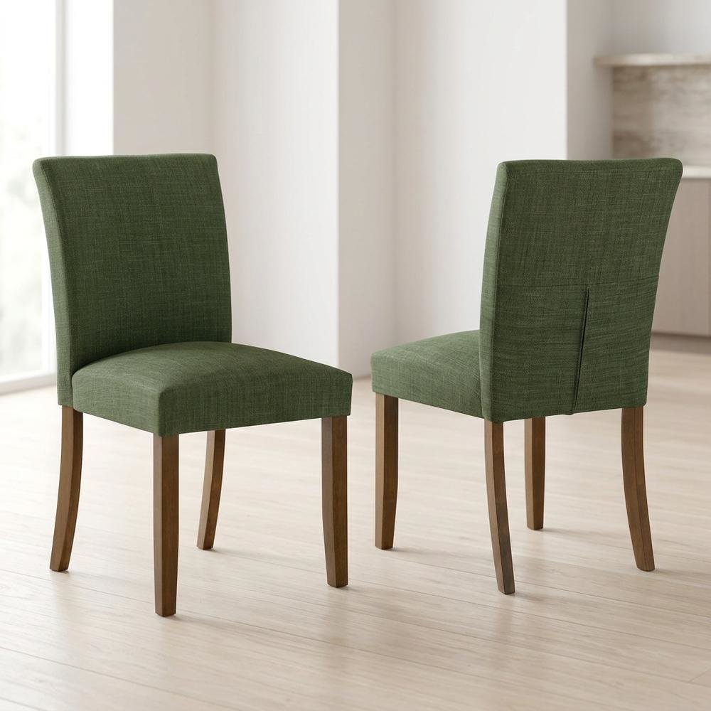 Polyester Upholstered Dining Side Chairs with Wood Legs, Green, Set of 2