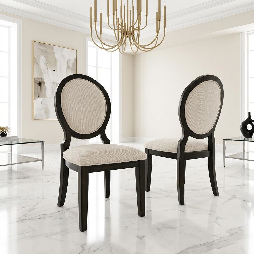 Oval Back Upholstered Wood Transitional Dining Side Chair, Set of 2