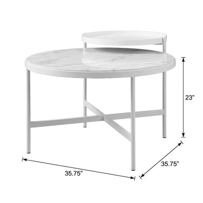 Round White Marble Printed Glass Top Coffee Table, Leveler