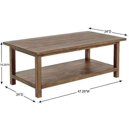 Distressed Brown Wood Coffee Table with Shelf Rectangular Farmhouse Style