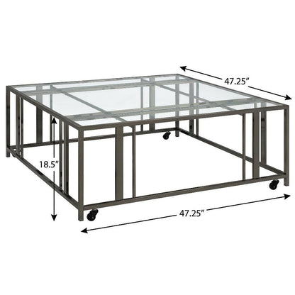 Square Black Glass Top Coffee Table with Casters and Contemporary Style