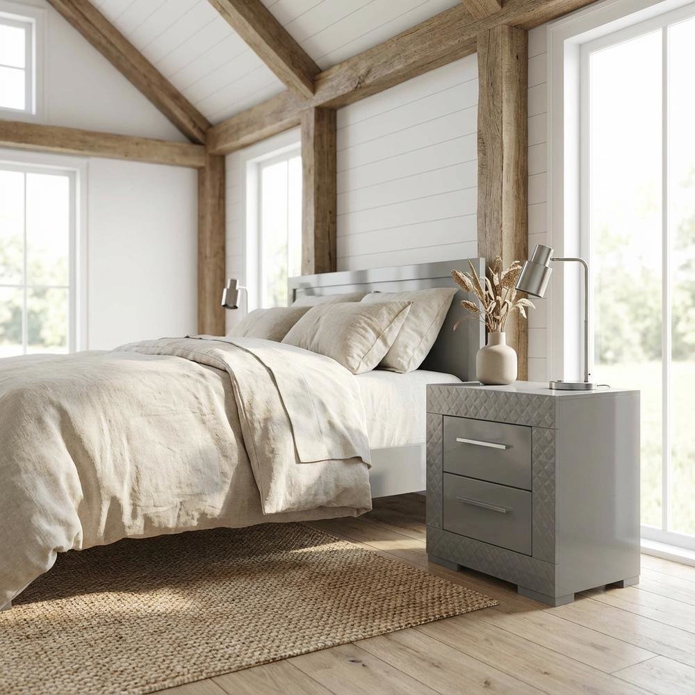 Grey High Gloss Nightstand with Modern Design Bedside Table