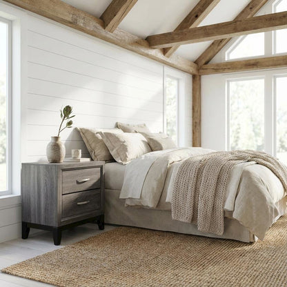 Grey Oak Nightstand with Nickel Finish and Transitional Style