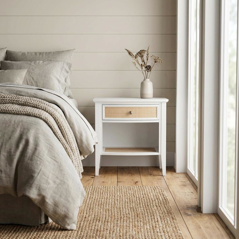 White 1-Drawer Nightstand with Coastal Style and Tipover Restraint Device