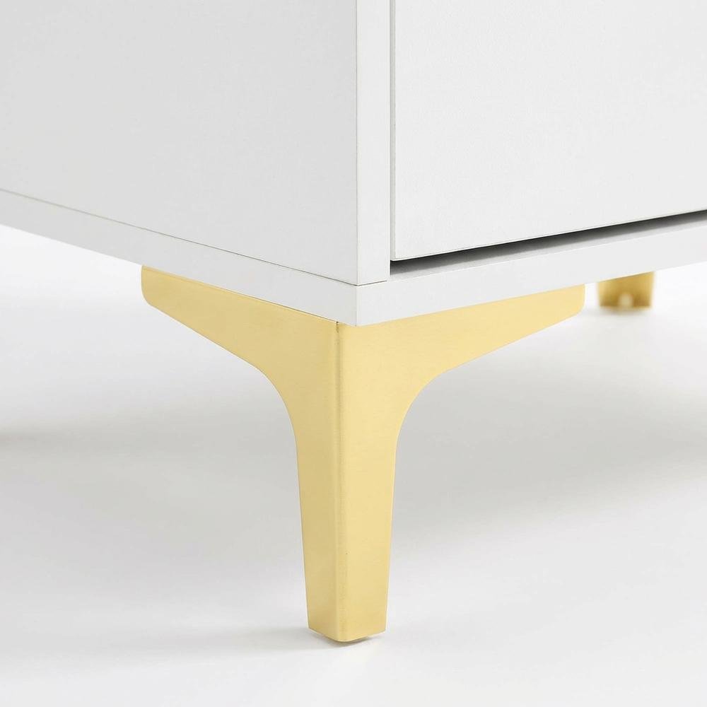 White Modern Nightstand with Gold Accents and Sturdy Metal Legs
