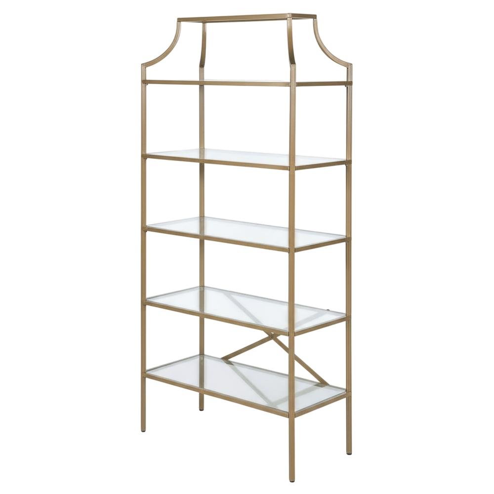 Gold 5-Shelf Glass Bookshelf with Contemporary Style and Tipover Restraint