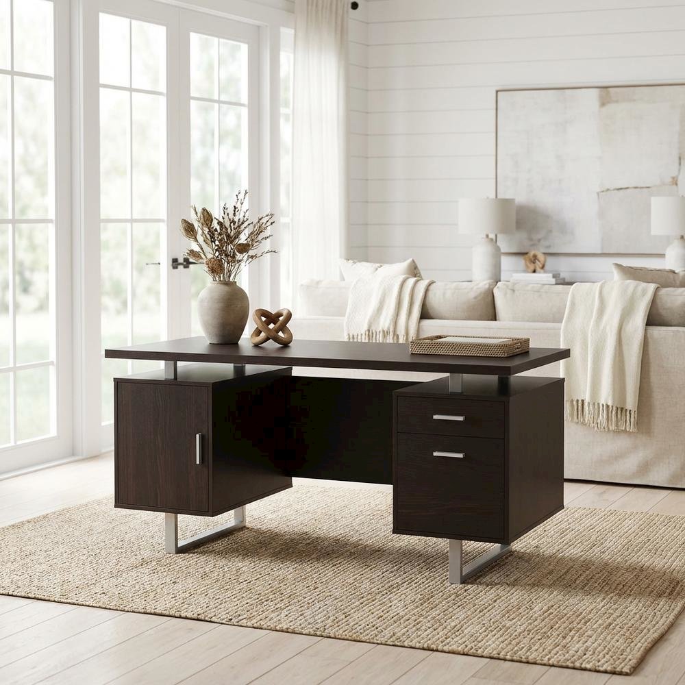 Contemporary Cappuccino Office Desk With 2 Drawers And Metal Legs