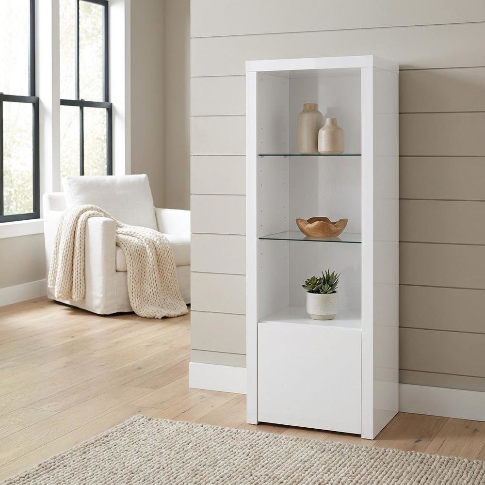 White High Gloss Media Tower With 3 Shelves, Contemporary Style