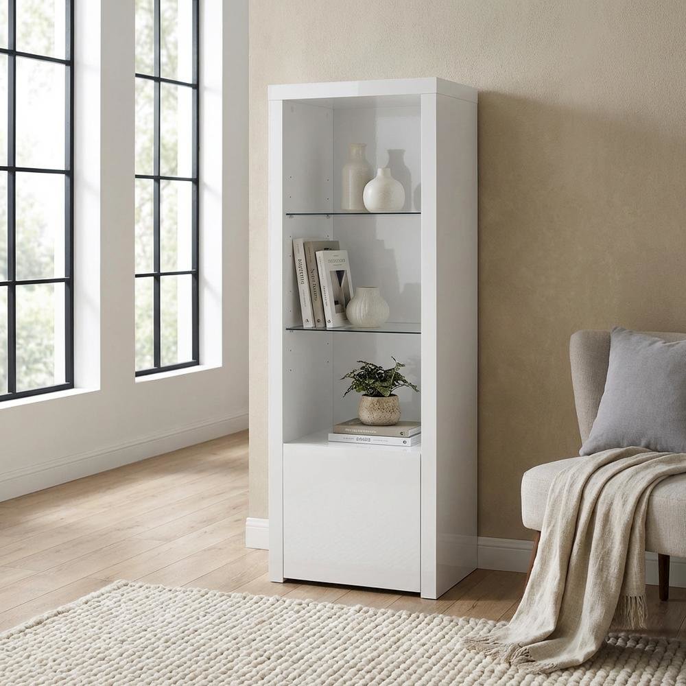 White High Gloss Media Tower With 3 Shelves, Contemporary Style