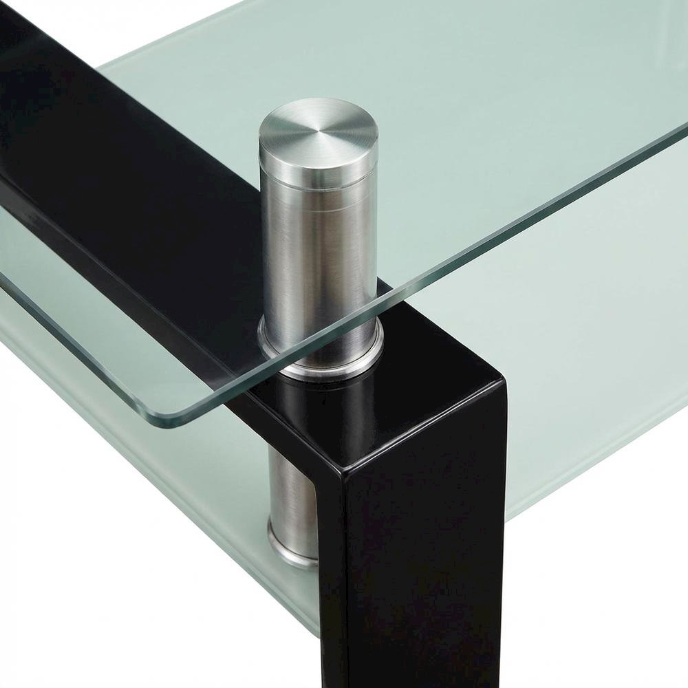 Rectangular Black Glass Top Coffee Table with 1 Shelf for Living Room