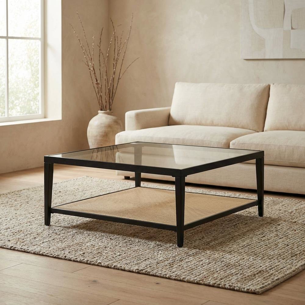 Black Glass Top Metal Coffee Table with Cane Shelf, Transitional Style