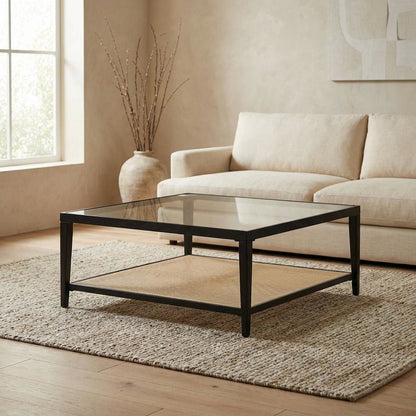 Black Glass Top Metal Coffee Table with Cane Shelf, Transitional Style